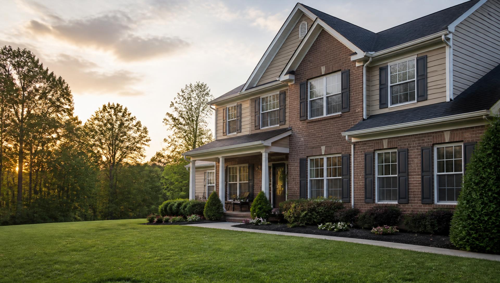 Suburban Kennesaw, Georgia home with double-hung windows and window screens at sunset